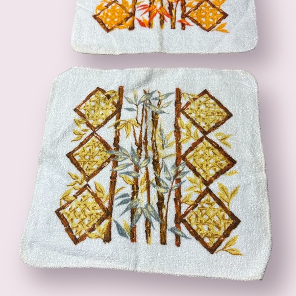 Set Of Four Vintage 1970’s Retro Floral Bamboo Print Hand Towels Decor - Picture 3 of 8